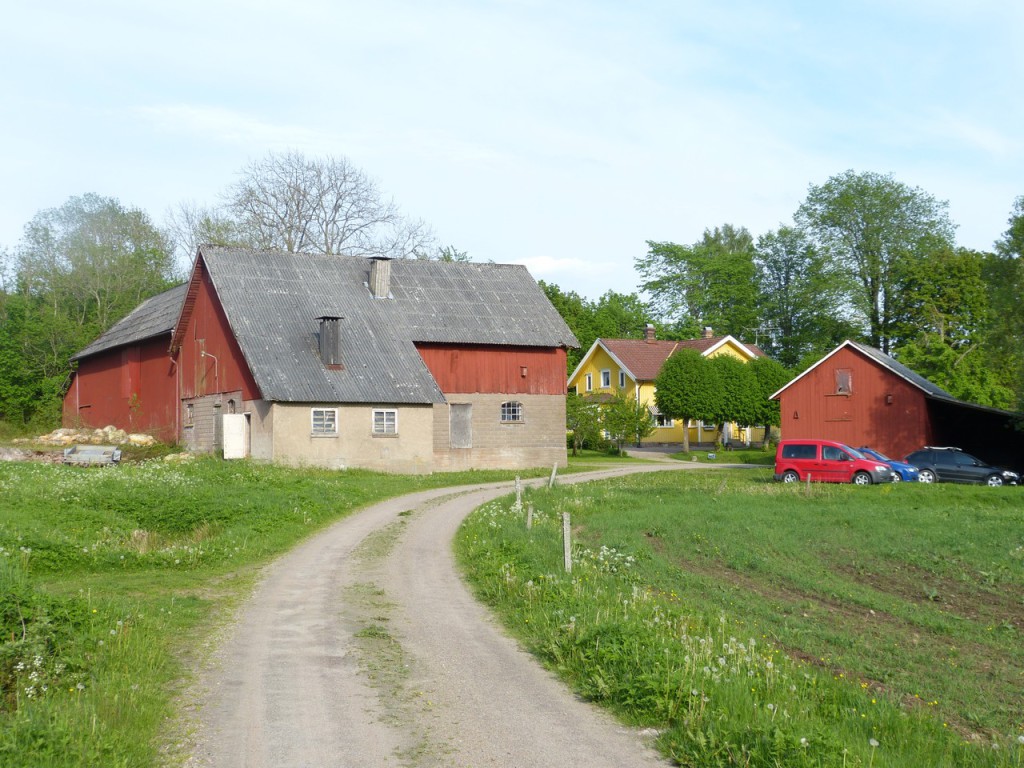 Gårdsvy över hönshus och ladugård till vänster och garage höger